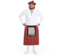 Adults Scottish Man Costume - XLarge - White Lace-Up Shirt, Red Tartan Kilt with Attached Sporran, Tartan Tam O Shanter Hat and Cream Kilt Socks - Scotland Burns Night St Andrews Day Costume
