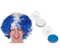 Adults Scottish Rugby Accessory Set - Blue & White England Afro Wig, Blue & White Facepaint - Mens Womens Sport Supporters Six Nations St Andrew's Day Fancy Dress Costume Accessory Set