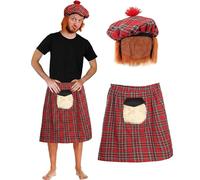 Adults Scottish Supporters Costume Set - Red Tartan Kilt & Matching Tam O’Shanter Hat with Attached Hair - Scotland Football Fans Fancy Dress for Matches, Events & Parties