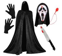 Adults Screamer Costume Set - Black Hooded Cape, Bleeding Mask, Knife & Gloves - Halloween Horror Fancy Dress Outfit