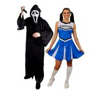Adults Screamer Couples Costume - Large Black Hooded Robe, Screamer Mask, Fake Knife Prop & X-Small Blue Cheerleader Dress - Adults Mens Womens Trick or Treat Halloween Fancy Dress Costume