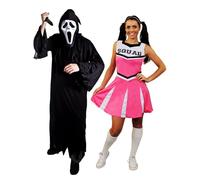 Adults Screamer Couples Costume - Large Black Robe, Screamer Mask, Fake Knife & Medium Pink Cheerleader Dress - Adults Mens Womens Halloween Trick or Treat Fancy Dress Costume