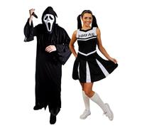 Adults Screamer Couples Costume - Small Black Hooded Robe, Screamer Mask, Fake Knife Prop & X-Large Black Cheerleader Dress - Adults Mens Womens Trick or Treat Halloween Fancy Dress Costume