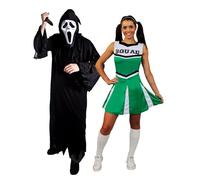 Adults Screamer Couples Costume - X-Large Black Hooded Robe, Screamer Mask, Fake Knife Prop & Large Green Cheerleader Dress - Adults Mens Womens Trick or Treat Halloween Fancy Dress Costume