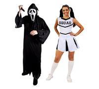 Adults Screamer Couples Costume - X-Large Black Hooded Robe, Screamer Mask, Fake Knife Prop & Medium White Cheerleader Dress - Adults Mens Womens Trick or Treat Halloween Fancy Dress Costume