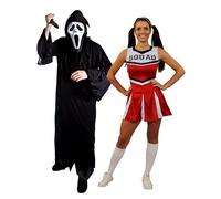 Adults Screamer Couples Costume - X-Large Black Robe, Screamer Mask, Fake Knife & Small Red Cheerleader Dress - Adults Mens Womens Halloween Trick or Treat Fancy Dress Costume