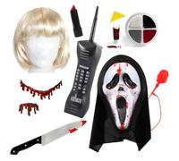 Adults Screamer & Victim Couples Costume Set - Bleeding Mask, Blonde Wig, Knife, Fake Blood, Phone & Makeup - Halloween Horror Fancy Dress Kit