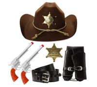 Adults Sheriff Accessory Set | 4 Pcs | Brown Hat, Plastic Pistols, Gun Holster & Gold Badge - Standard