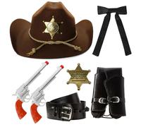 Adults Sheriff Accessory Set | 5 Pcs | Brown Hat, Plastic Pistols, Gun Holster, Gold Badge & Western Tie - Standard