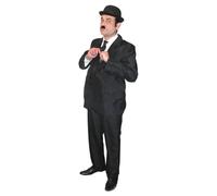 Adults Silent Movie Star Costume - Black Suit, Matching Tie, Bowler Hat, Black Eyebrows and Moustache - Mens 30s Comedian Entertainer Fancy Dress Costume