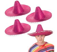 Adults Sombrero Hat - Pack of 3 - Pink Mexican Sombrero With White Pompom Details - Mens Ladies Mexican Cinco De Mayo Fiesta Fancy Dress Costume Accessory