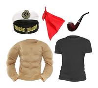 Adults Spinach Sailor Man Costume - X-Large - Muscle Chest, Black T-Shirt, Sailor Hat, Red Bandana, Fake Pipe - Adults Cartoon Character Fancy Dress Costume