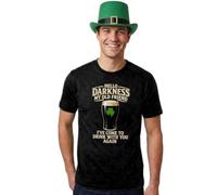 Adults St Patricks Day Costume - Black T-Shirt “Hello Darkness” Beige Print, Green Irish Top Hat - Mens Women’s Ireland St Paddy’s Celebration Fancy Dress Costume