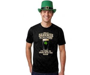 Adults St Patricks Day Costume - Black T-Shirt “Hello Darkness” Beige Print, Green Irish Top Hat - Mens Women’s Ireland St Paddy’s Celebration Fancy Dress Costume