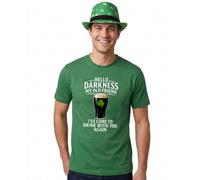 Adults St Patricks Day Costume - Large - Green T-Shirt with White "Hello Darkness" Print, Green Irish Shamrock Trilby Hat - Mens Womens Ireland Celebration Fancy Dress Costume