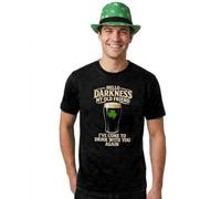 Adults St Patricks Day Costume - Medium - Black T-Shirt with Beige "Hello Darkness" Print, Green Irish Shamrock Trilby Hat - Mens Women’s Ireland Celebration Fancy Dress Costume