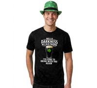 Adults St Patricks Day Costume - Medium - Black T-Shirt with White "Hello Darkness" Print, Green Irish Shamrock Trilby Hat - Mens Women’s Ireland Celebration Fancy Dress Costume