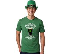 Adults St Patricks Day Costume - XX-Large - Green T-Shirt with White "Hello Darkness" Print, Green Irish Buckle Top Hat - Mens Womens Ireland Celebration Fancy Dress Costume