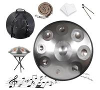 Adults Steel Drum 22 Inches D Minor 432Hz/440Hz - Handpan Drum 9/10/12 Notes, Hand Pan with Stand, Bag and Mallets, Handmade, Handpan for Performance and Audio Production(Silver,432HZ/9Note)