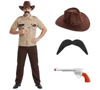 Adults Stranger 1980s Chief Costume Accessory Set - Large - Brown Cowboy Style Hat, Thick Black Handlebar Moustache and Silver Toy Shooter - Retro Sheriff Fancy Dress for TV & Movie Theme Parties