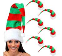 Adults Striped Christmas Elf Hat - Pack of 6 - Tall Red & Green Striped Elf Hat with White Trim - Mens Ladies Novelty Christmas Fancy Dress Costume Accessory