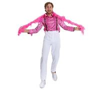 Adults Stylish Singer Costume - Large - Pink Ruffle Shirt, White Flared Trousers, Red Heart Braces, Hot Pink Feather Boa - Adults Singer Best of British Fancy Dress Costume