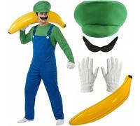 Adults Super Workman Plumber Costume Set with Green Hat, Dungarees, Tash, Gloves and Inflatable Banana - Fun Character Fancy Dress Outfit for Parties and Events