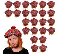 Adults Tam O' Shanter Hat - Pack of 24 - Red Adults Tartan Scottish Hat with Attached Ginger Hair - Scotland St Andrews Day Burns Night Fancy Dress Costume Accessory