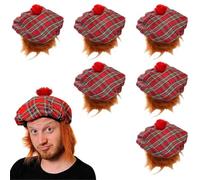 Adults Tam O' Shanter Hat - Pack of 6 - Red Adults Tartan Scottish Hat with Attached Ginger Hair - Scotland St Andrews Day Burns Night Fancy Dress Costume Accessory