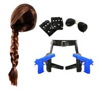 Adults Temple Raider Accessory Set - Brown Plait Wig, Black Gun Holster with Blue Guns, Studded Fingerless Gloves, Sunglasses - Ladies Womens TV Film Halloween Fancy Dress Costume