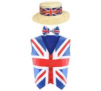 Adults Union Jack Costume - XXLarge - Union Jack Waistcoat + Union Jack Bowtie and Straw Boater Hat with Union Jack Band - King's Fancy Dress Costume VE DAY COMMONWEALTH