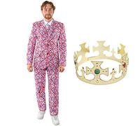 Adults Union Jack Suit and Crown - Medium - Union Jack Suit Jacket and Trousers and Gold Crown with Attached Jewels - King's Street Party Britain Fancy Dress Costume VE Day Commonwealth