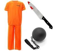 Adults Unisex Prisoners Costume Knife and Chain Set - Small - Orange Prisoner Top, Matching Orange Trousers, Prop Knife, Ball & Chain - Cops & Robbers, Halloween Fancy Dress