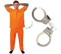 Adults Unisex Prisoners Costume with Cuffs - Medium - Orange Prisoner Top, Matching Orange Trousers, Prop Handcuffs - Cops & Robbers, Halloween Fancy Dress