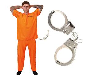 Adults Unisex Prisoners Costume with Cuffs - X-Large - Orange Prisoner Top, Matching Orange Trousers, Prop Handcuffs - Cops & Robbers, Halloween Fancy Dress