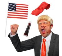 Adults US President Accessory Set - Blonde Wig, Red Tie, USA Hand-Waving Flag, Fake Blood - Adults Celebrity Fancy Dress Costume Accesssory Set
