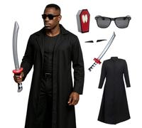 Adults Vampire Hunter Costume Set - X-Large Black Duster Jacket, Inflatable Samurai Sword, Fangs, Spiv Moustache & Sunglasses - Gothic Night Slayer Fancy Dress