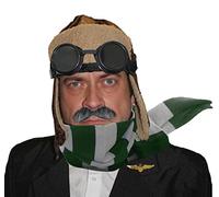 Adults VE Day 1940s Aviator Fancy Dress Set - Brown Aviator Hat Ww2 Pilot Fancy Dress Cap Distressed Leather Look Fancy Dress Accessory - Striped Scarf, Hat And Goggles (Green/Grey)