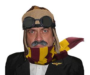 Adults Ve Day 1940s Aviator Fancy Dress Set - Brown Aviator Hat Ww2 Pilot Fancy Dress Cap Distressed Leather Look Fancy Dress Accessory - Striped Scarf, Hat and Goggles (Blue/grey)