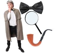 Adults Victorian Detective Costume - Victorian Cape, Matching Deerstalker Hat, Black Bowtie, Fake Pipe and Magnifying Glass - Adults World Book Day Book W ancy Dress Costume