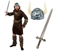 Adults Viking Costume - Large - Brown Tunic, Belt, Boot Covers, Arm Covers, Sword and Viking Helmet - Adults TV Movie Fancy Dress Costume