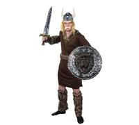 Adults Viking Warrior Costume - Brown Tunic, Faux Fur Boot and Arm Covers, Long Blonde Wig and Matching Tash, Viking Helmet, Silver Sword and Shield - Mens TV Film Fancy Dress Costume