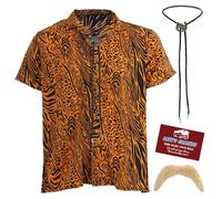 Adults Welsh Coach Driver Costume - Blonde Moustache, Bootlace Tie, Tiger Print Shirt and Business Card - Perfect for Fancy Dress