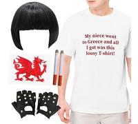 Adults Welsh TV Characters Couples Costume - X-Large - Black Bob Wig, Black Gloves, Welsh Dragon Tattoo, Fake Cigarettes and White Slogan T-Shirt - TV Show Quote Funny T-Shirt