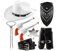 Adults White Cowboy Costume Accessory Set - Western Hat, Sheriff Badge, Paisley Bandana, Bootlace Tie, 2x Toy Pistols & Gun Holster Belt - Wild West Fancy Dress Outfit