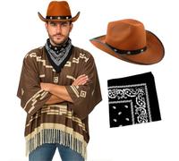 Adults Wild West Cowboy Costume Set - Brown Geometric Pattern Poncho with Tasseled Hem, Star Studded Cowboy Hat and Black Paisley Bandana - Deluxe Western Fancy Dress Outfit