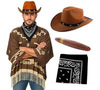 Adults Wild West Cowboy Costume Set - Brown Geometric Poncho with Tasseled Hem, Star Studded Brown Hat, Black Paisley Bandana & Plastic Cigar - Deluxe Spaghetti Western Outlaw Fancy Dress