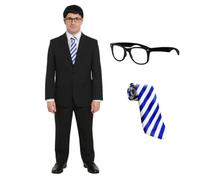 Adults Will Costume - Geek Glasses, Black Suit & Striped Tie Set - Inbetween Movie Series - Men’s Funny Fancy Dress for Halloween, Stag Dos & Parties - Medium