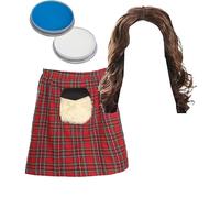 Adults William Wallace Costume - Red Tartan Kilt, Long Brown Wig, Blue & White Facepaint - Adults Scottish Burns Night Fancy Dress Costume