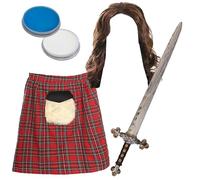 Adults William Wallace Costume - Red Tartan Kilt, Long Brown Wig, Fake Sword, Blue & White Facepaint - Adults Scottish Burns Night Fancy Dress Costume